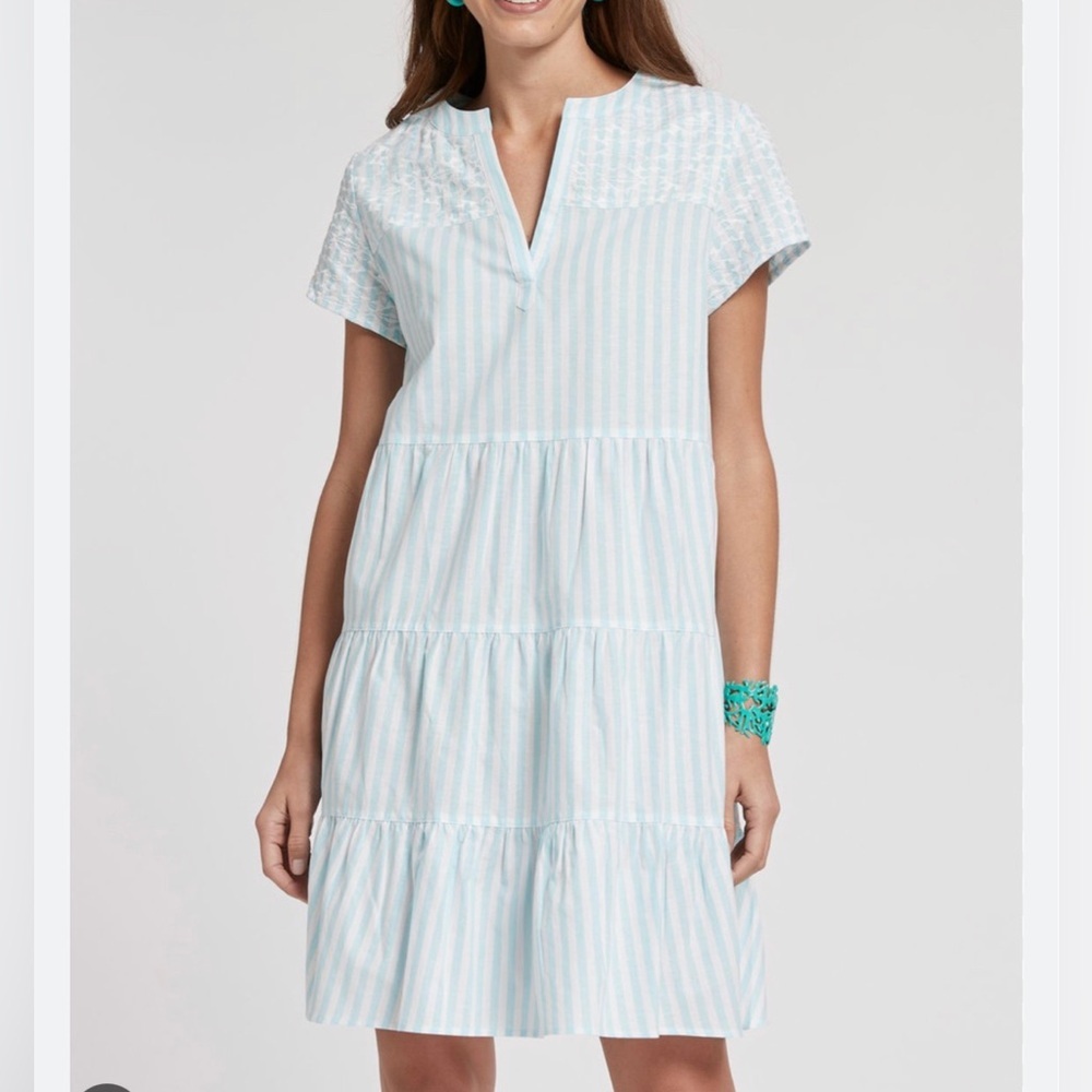 Tyler Boe Linen Cotton Blue White Striped Tiered Tayna Dress Size Small